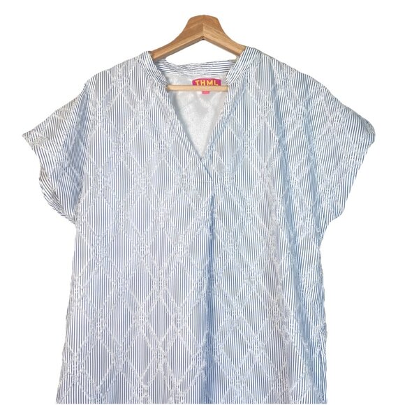 THML Striped Texture V‎ Neck Mini Dress Sz L Cotton Pockets Blue White Beach - Picture 5 of 12